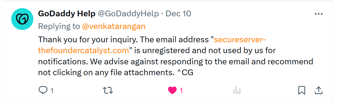 Reply from Godaddy through Twitter