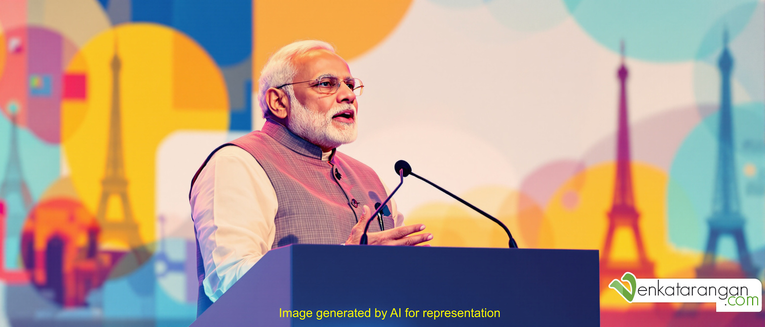 Hon'ble Prime Minister of India Sri Narendra Modi in Paris AI Summit. Image generated by AI and is used for representation only.