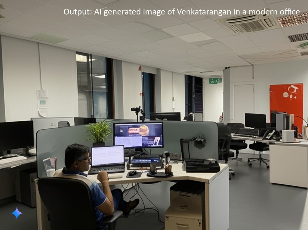 Output: AI-generated image of Venkatarangan in a bay area computer office.