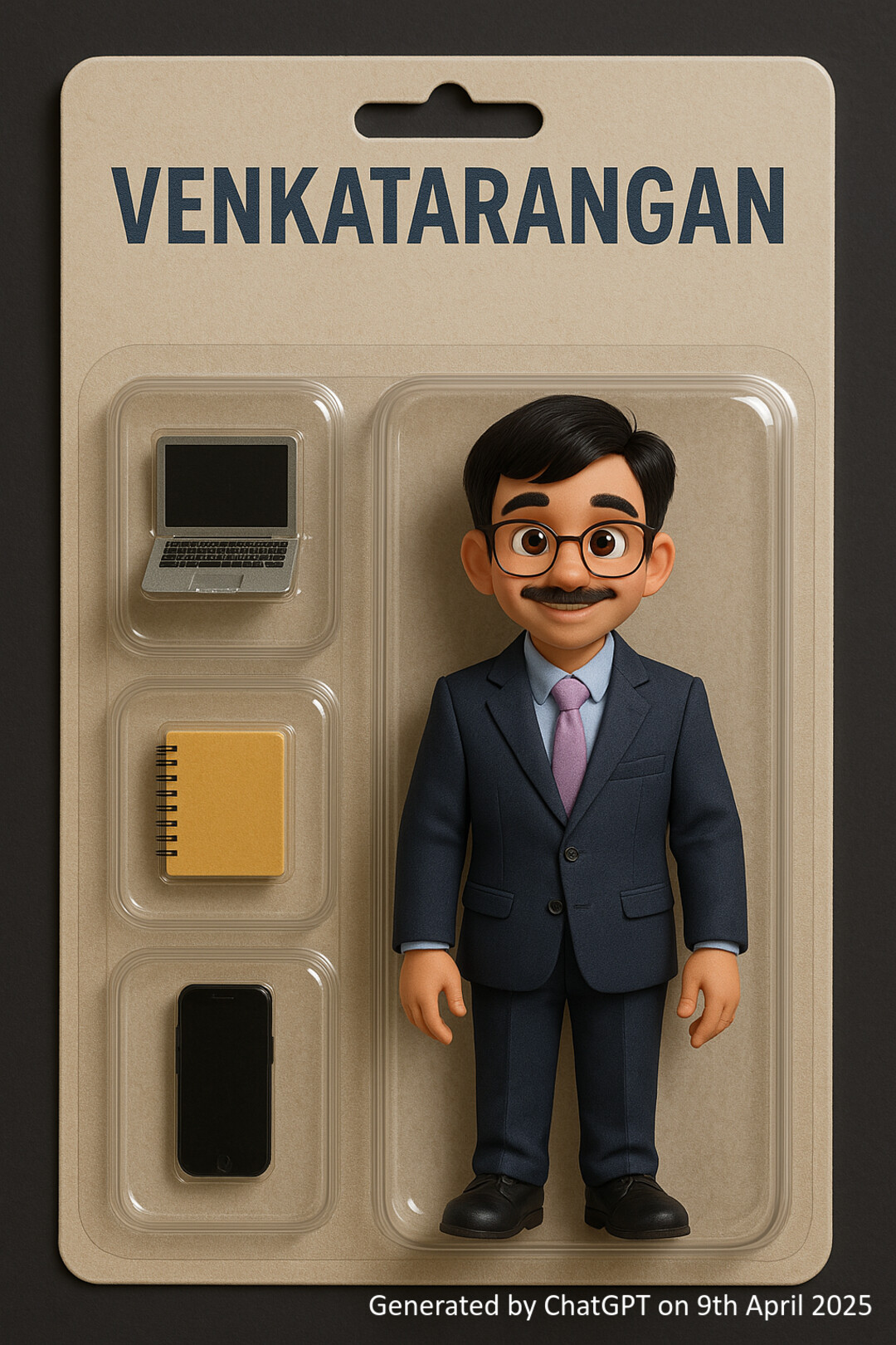 Prompt (Partial): "Create an image of me. Transform me into a toy in the photo, making it an action figure. Next to the figure, include the toy's equipment, each in its individual blister pack"