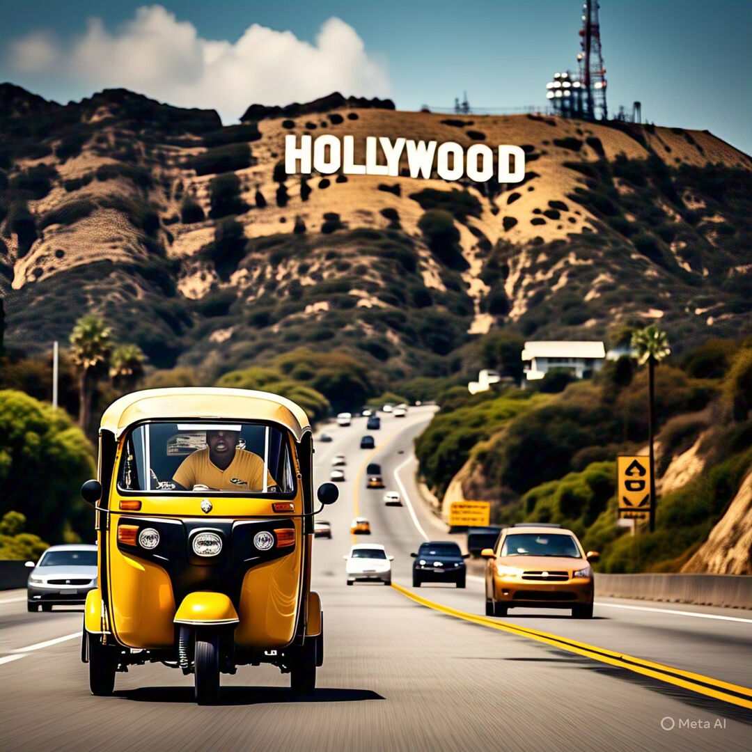 Prompt: Imagine the yellow autorickshaw of chennai driving super fast in the interstate highways of the USA with Hollywood sign in the backdrop
