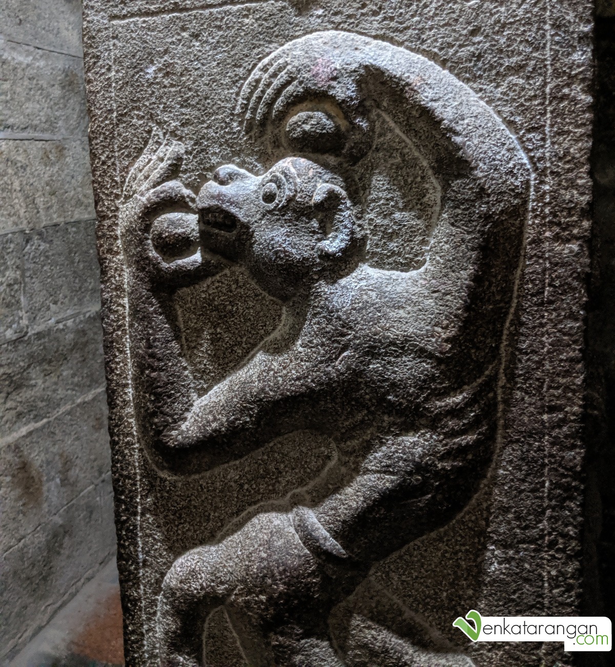 A closer look at one of the detailed carvings found on the pillars inside Suchindram Sthanumalayan Temple.