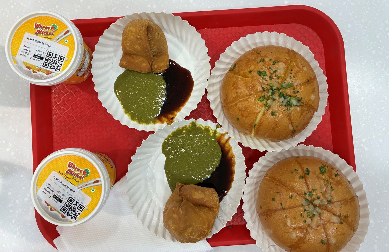 Korean Cream Cheese Bun, Samosa and Badam Milk