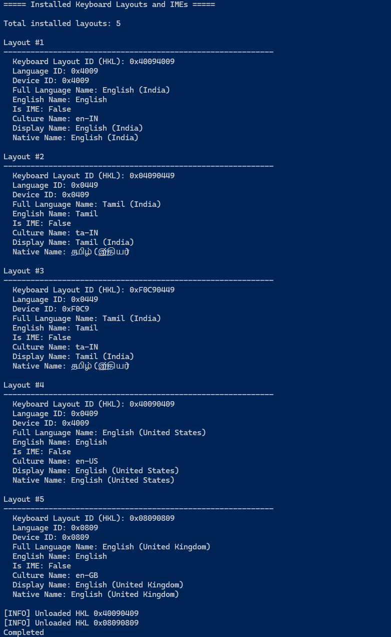 Sample output from WinTamilKbdApp showing detected and removed keyboard layouts