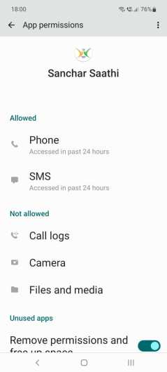 Permissions in Android for Sanchar Saathi App as on 2nd December 2025