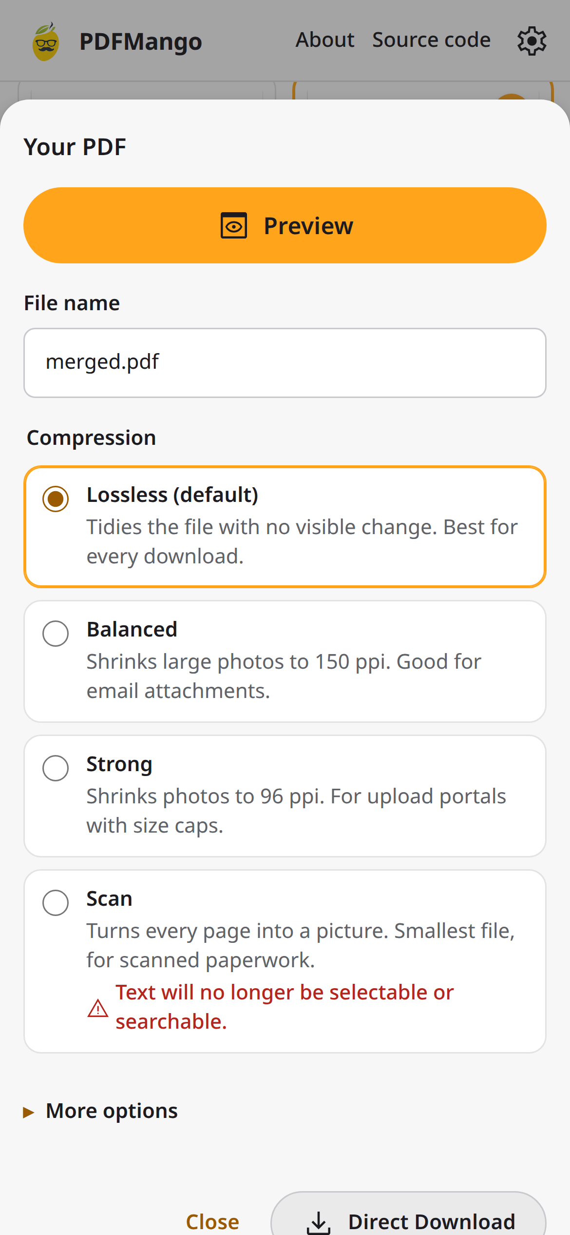 PDFMango - PDF Exporting options